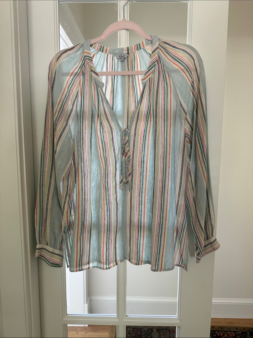 Rails Striped V-Neck Peasant Blouse in Pastel Blue and Multi Linen